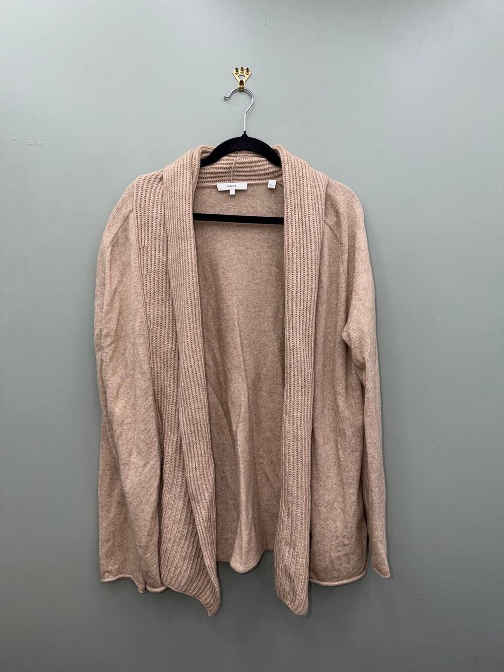 Vince Wool Cashmere Open Front Cardigan Shawl Collar Beige Large